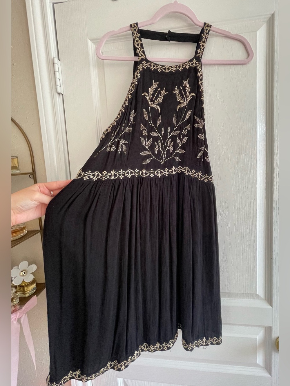 Urban Outfitters Black Mini Dress with Cream Embroidery